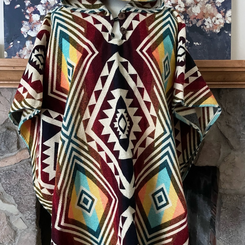 Alpaca blended Unisex Poncho Geometric Hooded - Picture 3 of 3
